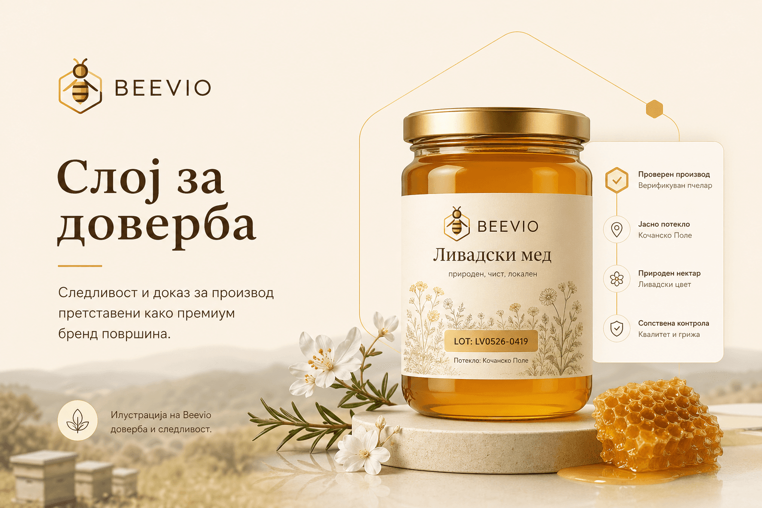 Илустрација на Beevio доверба и следливост.