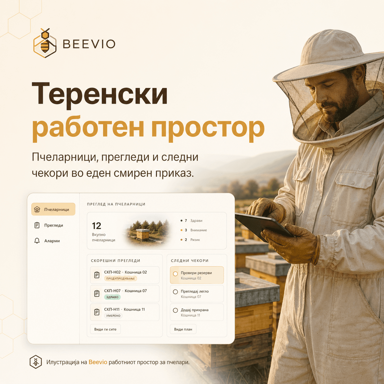 Илустрација на Beevio работниот простор за пчелари.