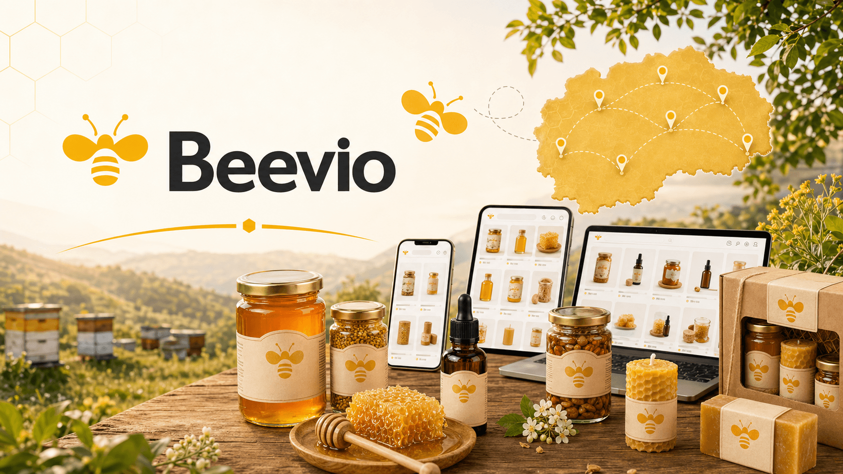 Beevio marketplace hero with local Macedonian bee products and digital marketplace visual.